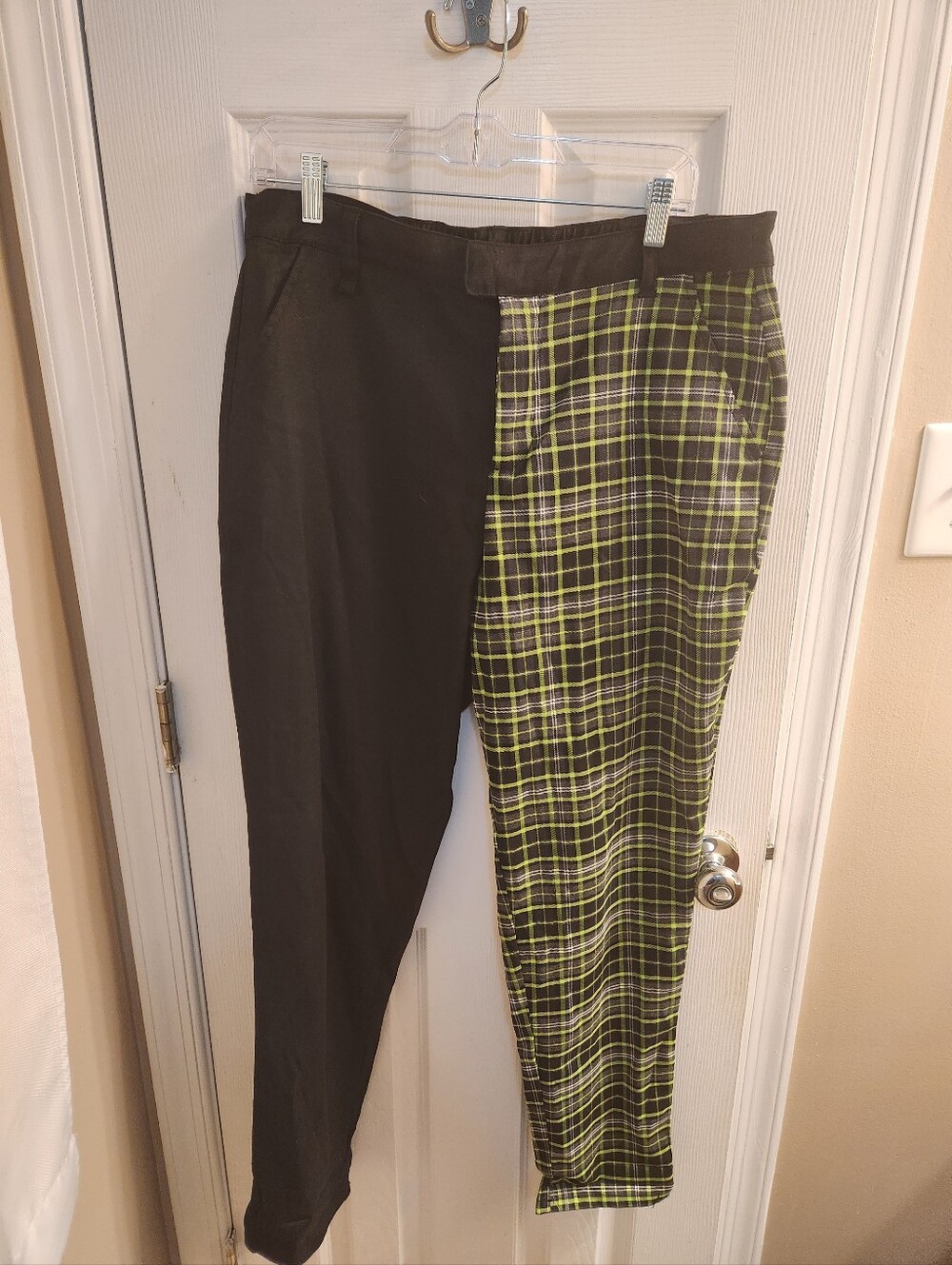 Two-Tone Black & Neon Green Plaid Pants